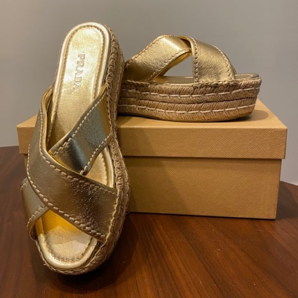 NIB PRADA Gold Espadrille Sandals - Picture 1 of 5